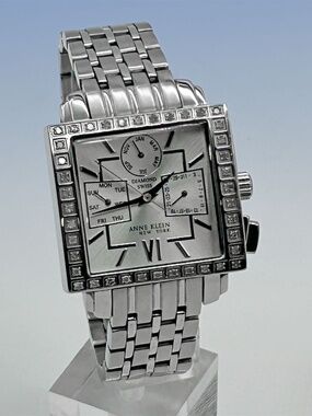 Vintage ANNE KLEIN Women's Swiss Diamond Bezel Stainless Steel Square Dial Watch